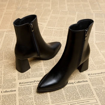 2023 Весна и осень, Новые тонкие женские ботинки в британском стиле, с острым носком, на тонкой боковой молнии, черные женские ботинки телесного цвета