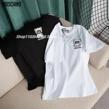 2023 Мужская футболка люксового бренда Moschino с принтом Little Bear Edition, Хлопковая футболка с круглым вырезом и коротким рукавом для мужчин, Женская Свободная