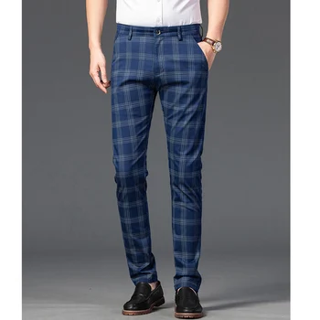2023 Новые Летние мужские брюки из высококачественного хлопка в клетку, рабочие брюки-стрейч, Модные Деловые Облегающие Синие Брюки цвета Хаки, черные брюки