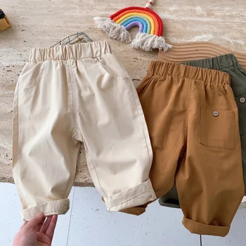 4635B Корейские Детские брюки 2023 Весенние Новые Простые Модные брюки для мальчиков в стиле Ретро, Однотонные Повседневные Брюки для девочек