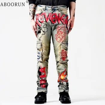 ABOORUN Мужские джинсы в стиле хип-хоп с принтом пламени Джинсовые брюки карго Hi Street Stretch Мужские джоггеры-карандаш