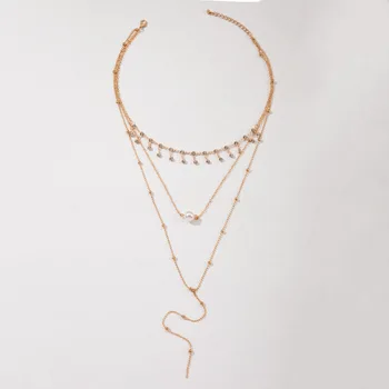 Docona Ювелирные изделия Модная металлическая цепочка, цепочка из жемчужных бусин, ожерелье, украшение цепи в стиле хип-хоп, Многослойное Трехслойное ожерелье
