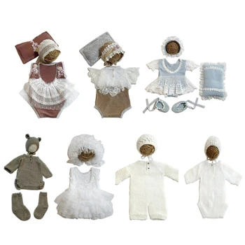 F62D Стильный реквизит для фотосессии новорожденных, кружевной комбинезон с подходящей шляпой, трендовый комплект одежды для фотосъемки девочек для младенцев