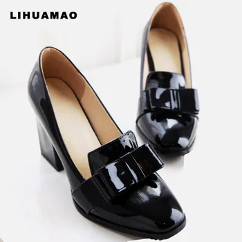 LIHUAMAO / Новинка 2022 года; дизайнерские туфли из лакированной кожи на высоком каблуке; Женские туфли-лодочки на массивном каблуке; Обувь на блочном каблуке; лоферы без застежки с бантиком-бабочкой