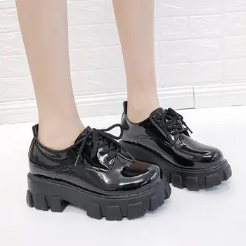 Lucyever/ Черные женские туфли на плоской подошве из лакированной кожи, женская обувь на платформе с толстой подошвой, 2020 г., осенняя повседневная модная женская обувь на шнуровке