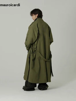 Mauroicardi Весна Осень Крутое Длинное Армейское зеленое пальто большого размера Мужские Пояса Свободная Роскошная Дизайнерская одежда Пальто Карго 2023