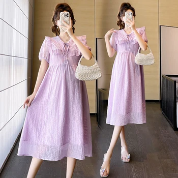 N43221 # Платье для беременных, женское платье с воротником Питера Пэна в корейском стиле, Летняя одежда для беременных, платье