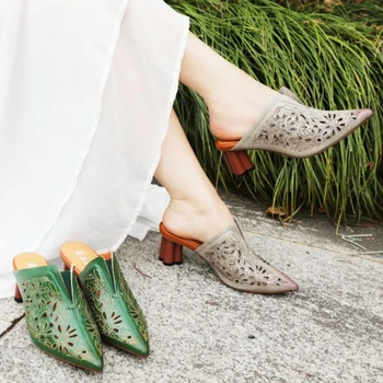 Ажурная отделка из натуральной кожи длиной 6,5 см, модные сандалии на массивном каблуке с острым носком, дизайнерские летние тапочки, Элегантная женская обувь