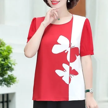 Блузка женская Большого размера Летний Новый стиль Корейская мода Свободные Короткие рукава Шелковая шифоновая рубашка с принтом бабочки