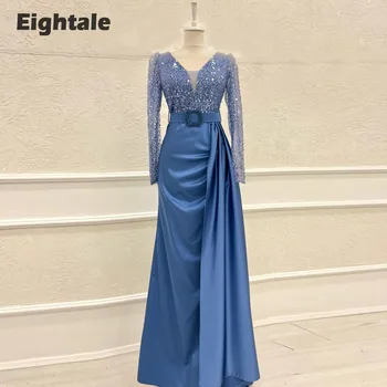 Вечерние платья Eightale синего цвета для свадьбы, атласные платья для выпускного вечера с V-образным вырезом, блестящие платья с длинными рукавами и поясом, вечернее платье 