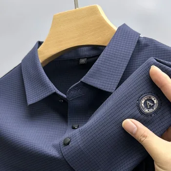 Высококачественная роскошная вышитая мужская рубашка поло с короткими рукавами, летняя мода 2023 года, эластичная дышащая футболка с отворотом из ледяного шелка