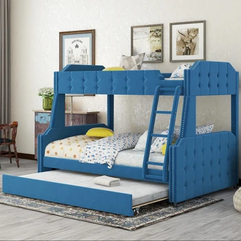 Двойная двухъярусная кровать с мягкой обивкой, с багажником и лесенкой, с хохолком на пуговицах, синий