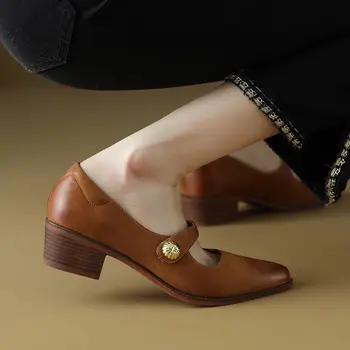 Демисезонная Простая обувь Mary Janes На каблуке 4 см; туфли-лодочки из овчины во Французском стиле; Женская обувь с ремешком и пряжкой в стиле Ретро На среднем каблуке