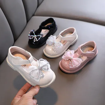 Детская демисезонная модная кожаная обувь для маленьких девочек, милая праздничная обувь принцессы Мэри Джейнс с хрустальным бантом, детская обувь на плоской подошве