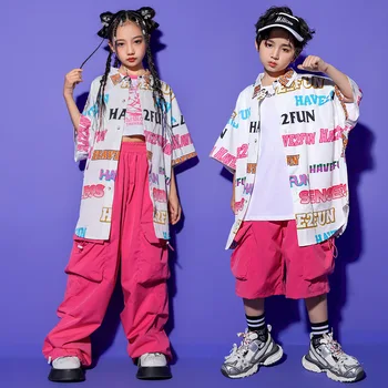 Детский танцевальный костюм в стиле хип-хоп, рубашка с буквенным принтом, Мешковатые брюки, уличный танцевальный костюм для мальчиков-подростков, сценическая одежда для джазовых выступлений для девочек