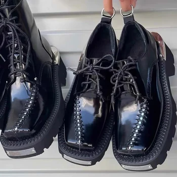 Женская обувь с ремешками с квадратным носком, туфли на платформе в стиле панк в британском стиле, лоферы без застежки, модная женская обувь из натуральной кожи