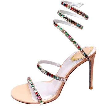 Женские трендовые сандалии, летняя женская обувь Босоножки на высоком каблуке с цветным ювелирным дизайном, сандалии на шпильке с запахом на щиколотке, женские босоножки Mujer