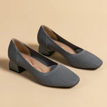 Женские туфли на высоком каблуке, новинка 2023 года, однотонная трикотажная дышащая женская обувь с квадратным носком, женская удобная противоскользящая рабочая обувь
