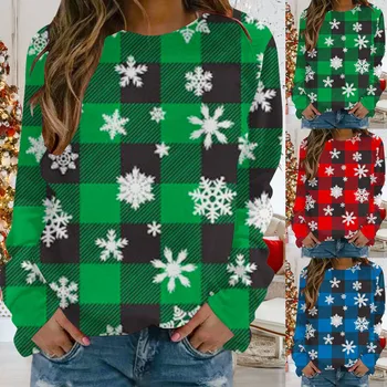Женский Рождественский топ с круглым вырезом и принтом, повседневный свободный свитер с длинными рукавами, мешковатый топ, удобные спортивные рубашки
