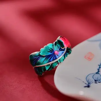 Женское кольцо SR Lotus Blossoming С перегородчатыми чернилами Тонкой работы Универсальное отверстие Регулируется В этническом стиле