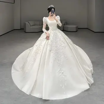 Женское свадебное платье с длинными рукавами и квадратным вырезом, атласная наклейка, расшитая бисером, свадебная церемония невесты, роскошное платье со шлейфом, платье для официальных мероприятий