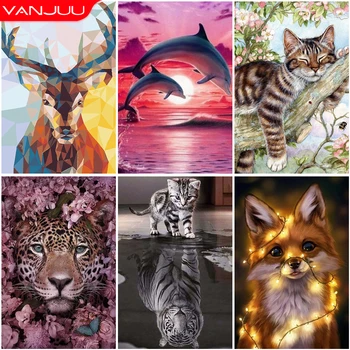 Животные 5D Алмазная живопись, Леопард, Лиса, Кошка и тигр, алмазная живопись, мозаика, полная алмазная вышивка, Картина для домашнего декора