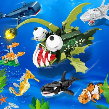 Забавная модель Ocean Animal Морской конек, Акула, Рыба-клоун, украшения для офисного стола, Строительные блоки, кирпичи, Игрушки, подарки