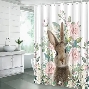 Занавески для душа с цветочным рисунком Пасхального кролика, листья кролика, весеннее растение, ткань в стиле бохо, декор для ванной, занавеска для ванны с крючками