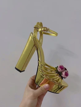 Золотые Женские Сандалии-Гладиаторы с цветочным узором на платформе, Босоножки на высоком массивном Каблуке 14 см, Вечерние Модельные туфли