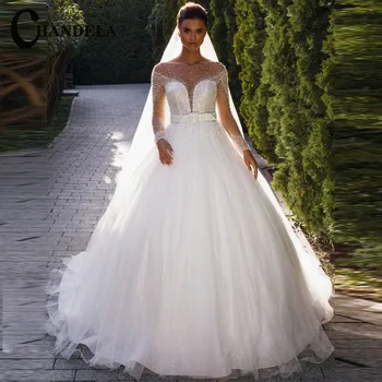 Изысканное Блестящее Бальное платье CHANDELA, свадебные платья с поясом и длинными рукавами, свадебное платье Vestido De Casamento, сшитое Специально для женщин