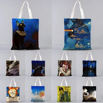 Картина маслом с изображением кота и звезды, сумка-тоут Canva, ретро-арт, женская эко-сумка для отдыха, многоразовая сумка для покупок, складная сумка-тоут