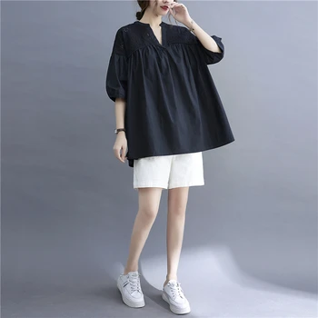 Корейская мода, короткий рукав, Негабаритная открытая Однотонная повседневная Свободная летняя футболка с V-образным вырезом, Женская футболка 2023, верхняя одежда
