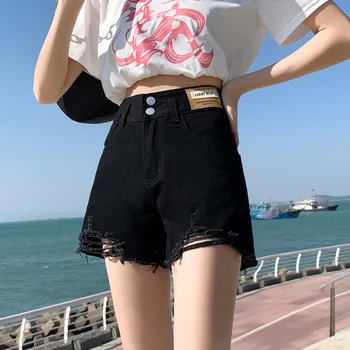 Корейские Женские джинсовые шорты с рваными дырками 2023, летняя мода, Высокая талия, на нескольких пуговицах, Свободные, широкие Повседневные Мини-короткие Женские джинсы