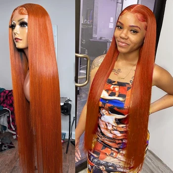 Кружевной парик с тройной частью 30 32 дюйма ИмбирноОранжевого цвета Прямые Бразильские волосы Прозрачные парики из человеческих волос Remy спереди на кружеве для женщин