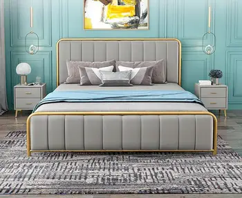 Легкая роскошная железная кровать Nordic high-end net красная технологическая ткань, кожаный каркас кровати, экономичная простая современная кровать с железным каркасом