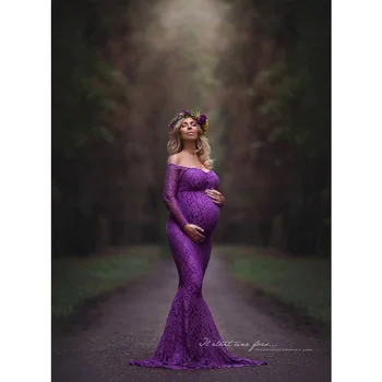Летнее женское кружевное платье для беременных с воротником в одну линию, однотонное акриловое платье с длинными рукавами для беременных, платья для фотосессии