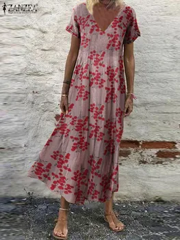 Летний женский сарафан с богемным цветочным принтом, Пляжное Макси-платье, винтажные платья оверсайз с V-образным вырезом и коротким рукавом, кафтан Vestido
