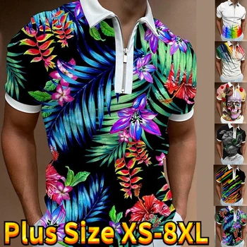 Летняя модная одежда в стиле харадзюку, уличные топы с коротким рукавом, мужские рубашки на молнии, Свободные топы XS-8XL
