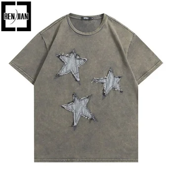 Модная винтажная футболка в стиле хип-хоп оверсайз с нашивками в виде звезд, футболки в стиле ретро с Хай-стрит, Летние топы с короткими рукавами, футболки