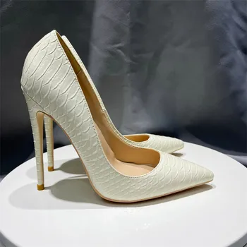 Модные белые туфли на высоком каблуке со змеиным принтом 2022 года, пикантные женские туфли на шпильке с острым носком 12 см/ 10 см / 8 см