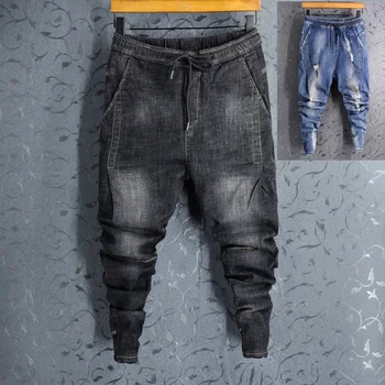 Модные мужские ретро Винтажные джинсы-шаровары с карманами в стиле пэчворк, джинсовые брюки с эластичной резинкой на талии, облегающие эластичные брюки для бега трусцой, мужские