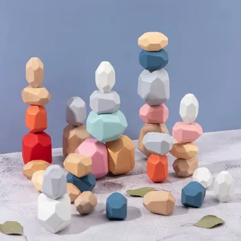 Монтессори Деревянная Имитация Цветного камня Развивающие Игрушки Украшения Дети Укладывают Каменные Игрушки