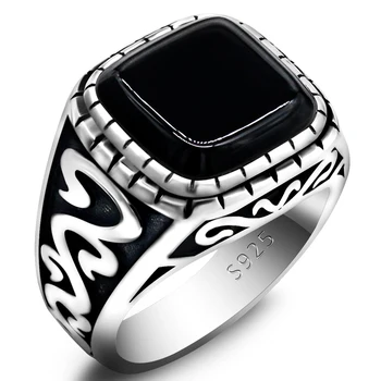 Мужское кольцо из цельного серебра 925 пробы с натуральным черным камнем оникс, квадратное кольцо с пламенем, Турция, Винтажные украшения ручной работы в стиле панк, подарок