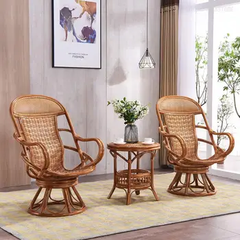 Натуральный ротанговый стул из трех частей, Вращающийся ротанговый стул, Маленький столик и стул на балконе, вращающийся стул, одноместный Повседневный