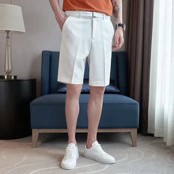 Новые модные мужские белые шорты-бермуды с поясом в тон, летние прямые короткие брюки в корейском стиле длиной до колен