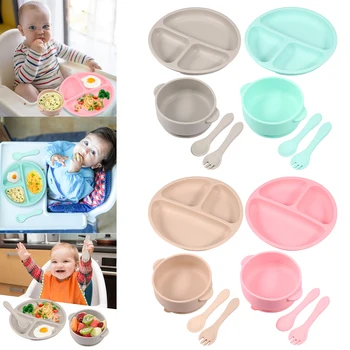 Новый набор из 8 предметов для кормления ребенка с ложкой, вилкой, нескользящими детскими присосками и мисками, Многоразовый набор силиконовой детской посуды для посудомоечной машины