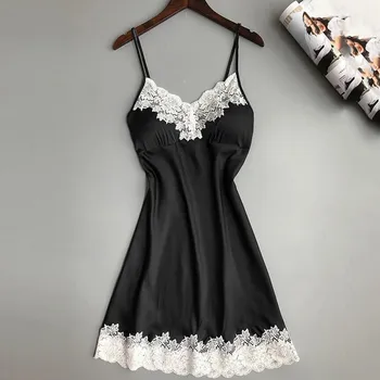Ночное платье, Женская ночная рубашка с V-образным вырезом, Кружевная, шелковая, атласная, больших размеров, Летняя пижама без рукавов для женщин Экзотические Компле