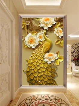 Обои на заказ в новом китайском стиле с 3D тиснением золотой цветок павлина фреска гостиная спальня крыльцо фоновая стена обои
