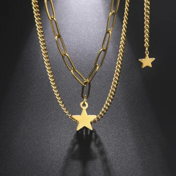 Ожерелье с подвеской в виде звезды для женщин и мужчин двухслойное ожерелье из нержавеющей стали в стиле хип-хоп для трендовой вечеринки в подарок