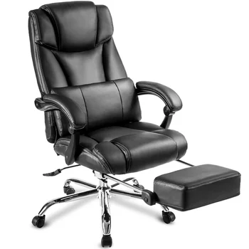 Офисное кресло - Высококачественная искусственная кожа/ двойная подкладка/ Поддерживающая подушка и подставка для ног Черная искусственная кожа [на складе в США]